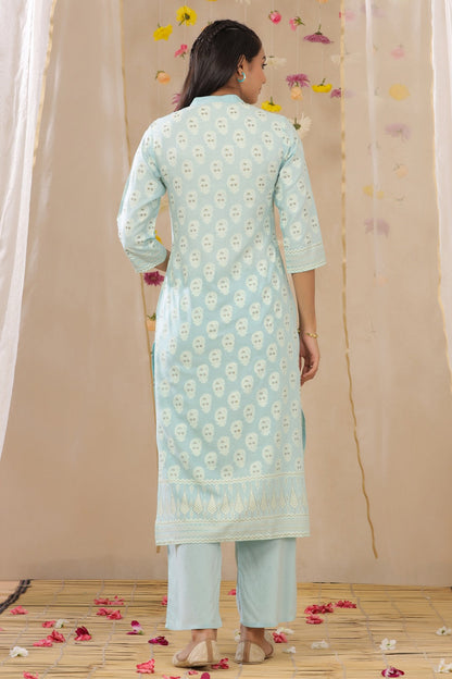 Powderblue Rayon Printed Straight Kurta Palazzo Set