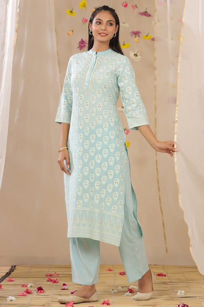 Powderblue Rayon Printed Straight Kurta Palazzo Set
