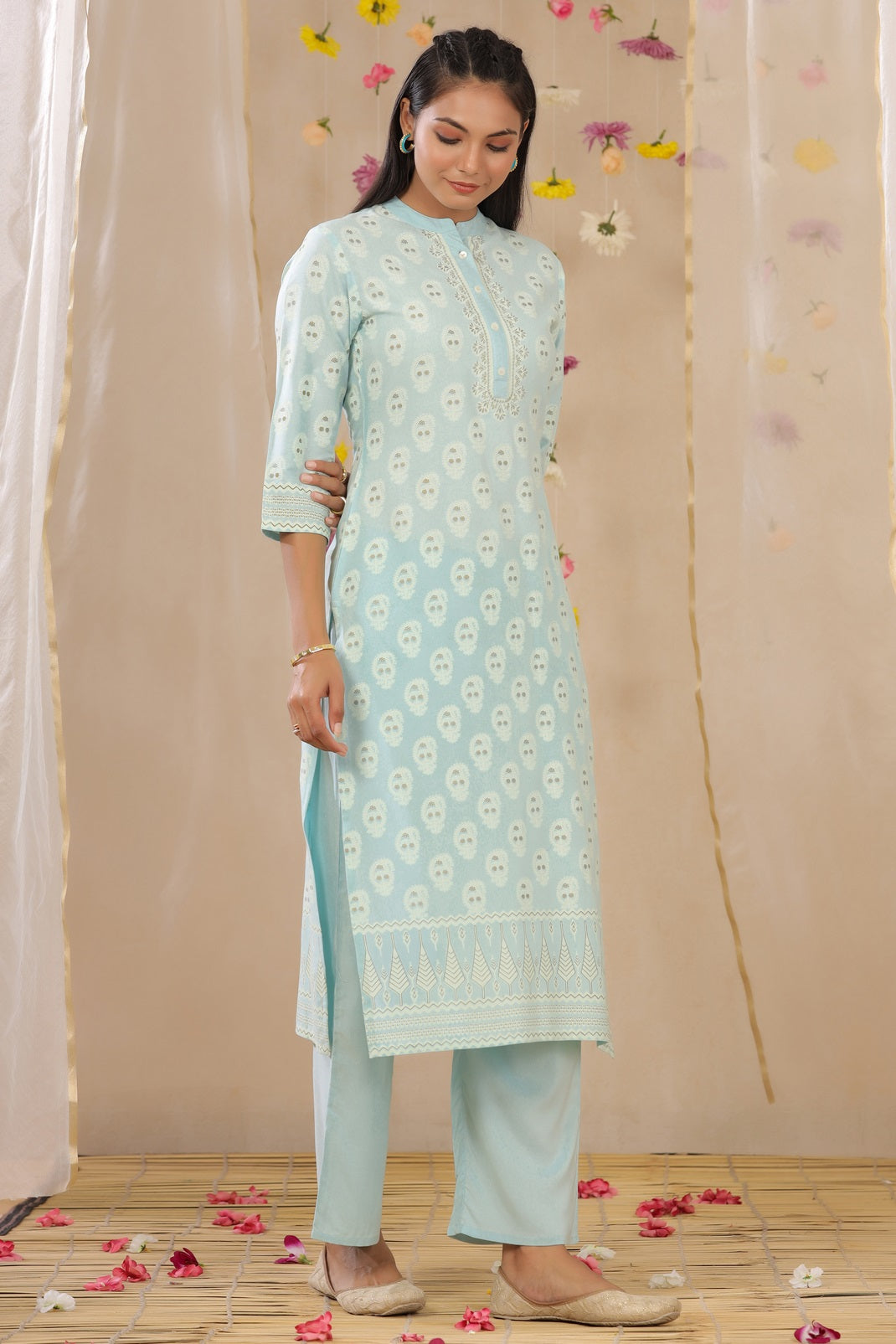 Powderblue Rayon Printed Straight Kurta Palazzo Set