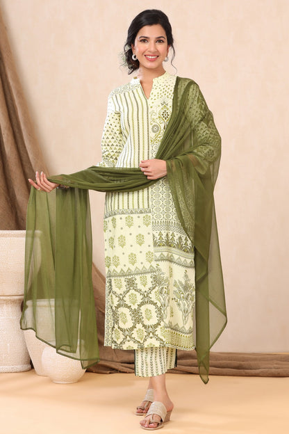 Light Olive Rayon Printed Straight Kurta Palazzo Dupatta Set