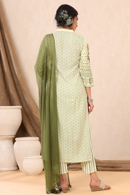 Light Olive Rayon Printed Straight Kurta Palazzo Dupatta Set