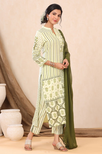 Light Olive Rayon Printed Straight Kurta Palazzo Dupatta Set