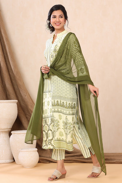 Light Olive Rayon Printed Straight Kurta Palazzo Dupatta Set