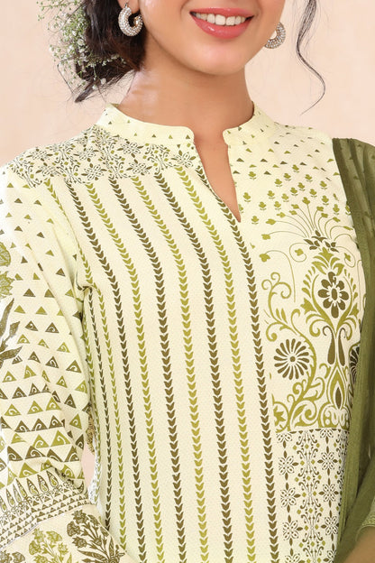 Light Olive Rayon Printed Straight Kurta Palazzo Dupatta Set