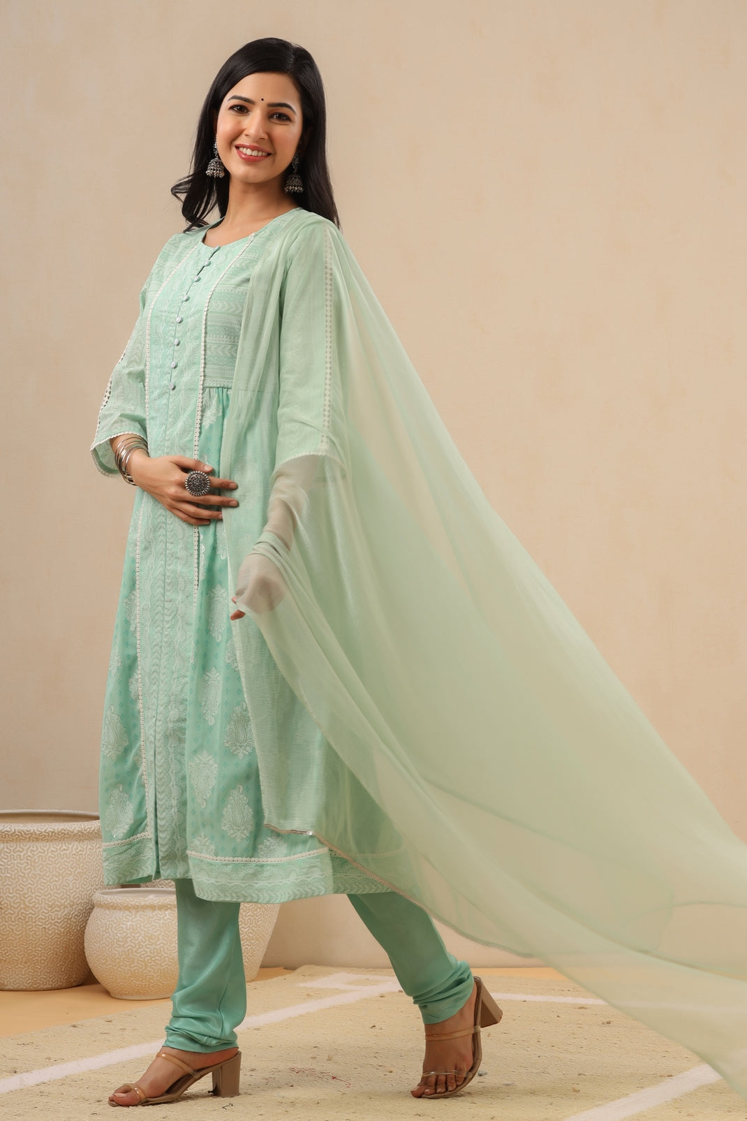 Women`s Mint Georgette Printed Flared Kurta Sets