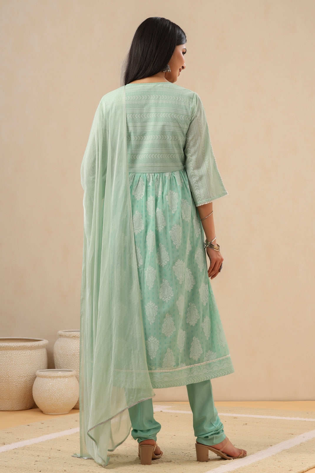 Women`s Mint Georgette Printed Flared Kurta Sets