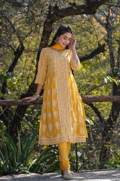 Yellow Georgette Printed Flared Kurta Churidar Dupatta