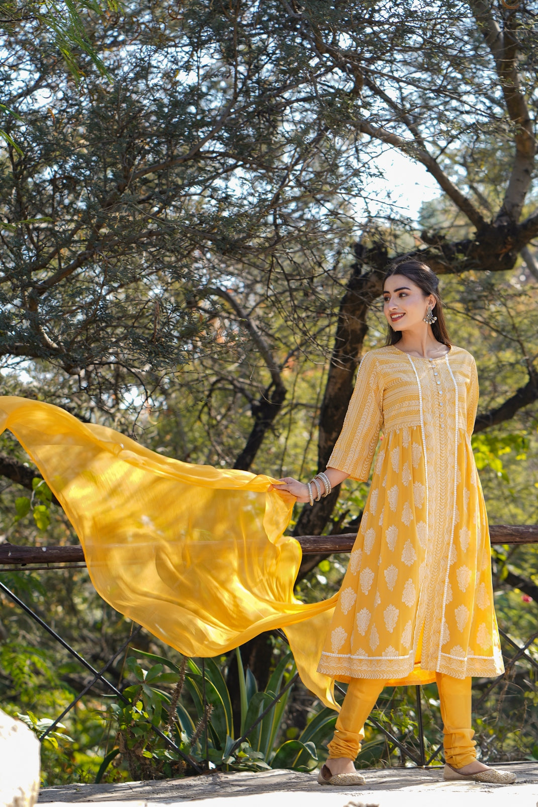 Yellow Georgette Printed Flared Kurta Churidar Dupatta