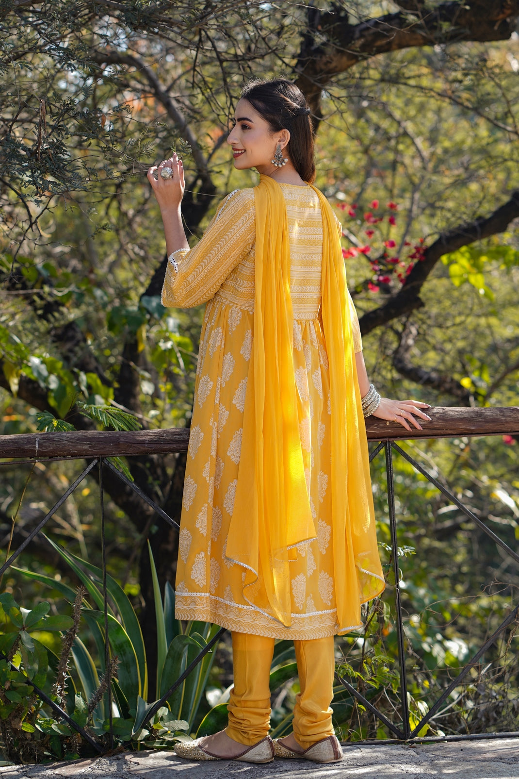 Yellow Georgette Printed Flared Kurta Churidar Dupatta