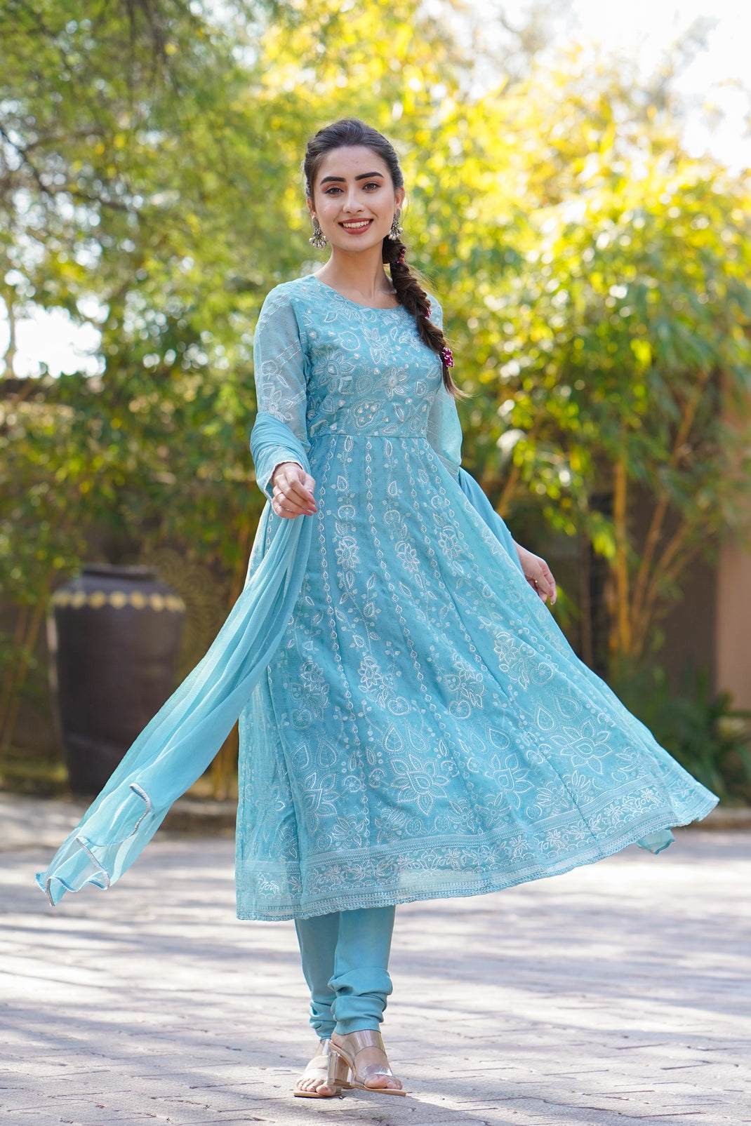 Blue Chiffon Printed Anarkali Kurta Churidar Dupatta