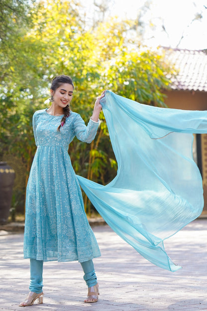 Blue Chiffon Printed Anarkali Kurta Churidar Dupatta