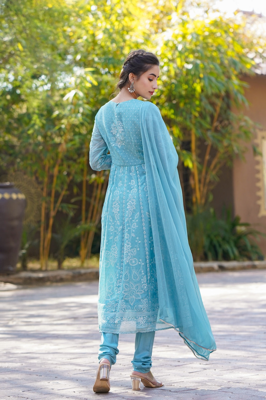 Blue Chiffon Printed Anarkali Kurta Churidar Dupatta