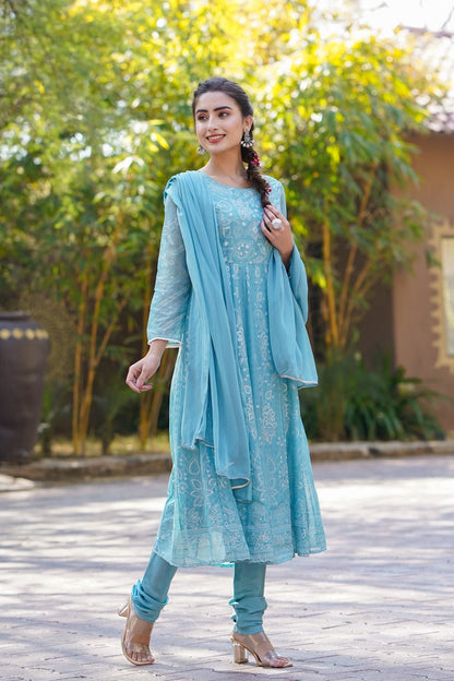 Blue Chiffon Printed Anarkali Kurta Churidar Dupatta