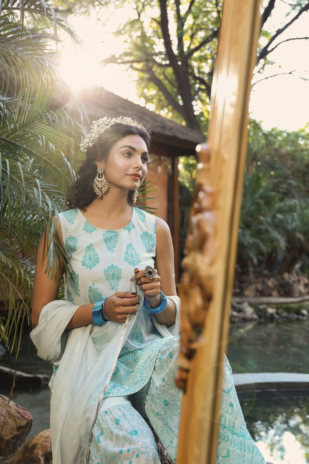 Blue & Multi Georgette Printed Straight Kurta Sharara Dupatta Set