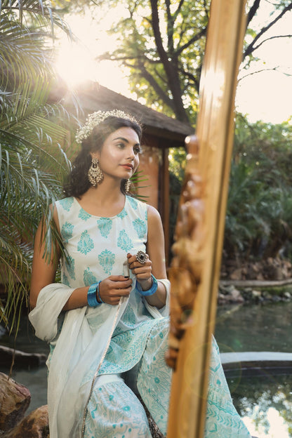 Blue & Multi Georgette Printed Straight Kurta Sharara Dupatta Set