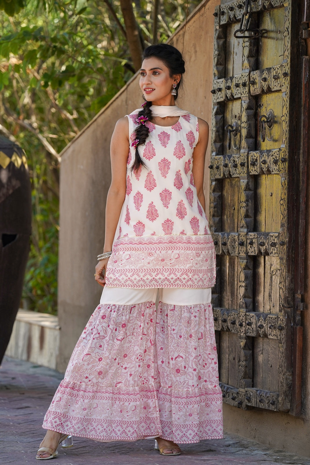 Pink & Multi Georgette Printed Straight Kurta Sharara Dupatta Set