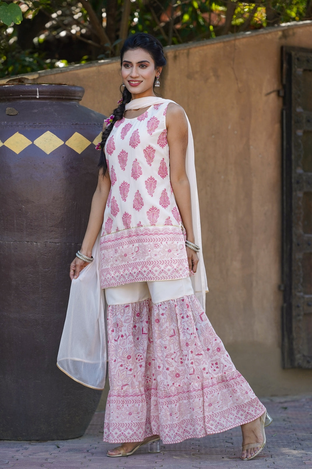 Pink & Multi Georgette Printed Straight Kurta Sharara Dupatta Set