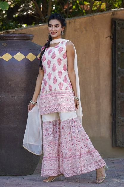 Pink & Multi Georgette Printed Straight Kurta Sharara Dupatta Set