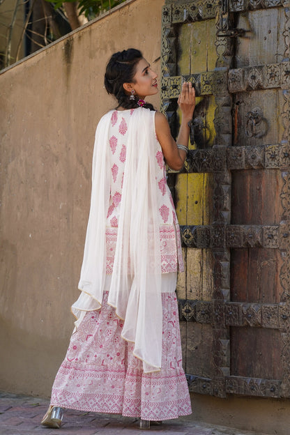Pink & Multi Georgette Printed Straight Kurta Sharara Dupatta Set