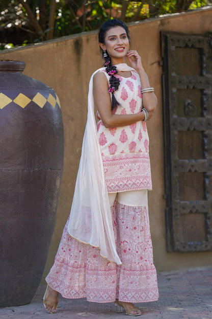 Pink & Multi Georgette Printed Straight Kurta Sharara Dupatta Set