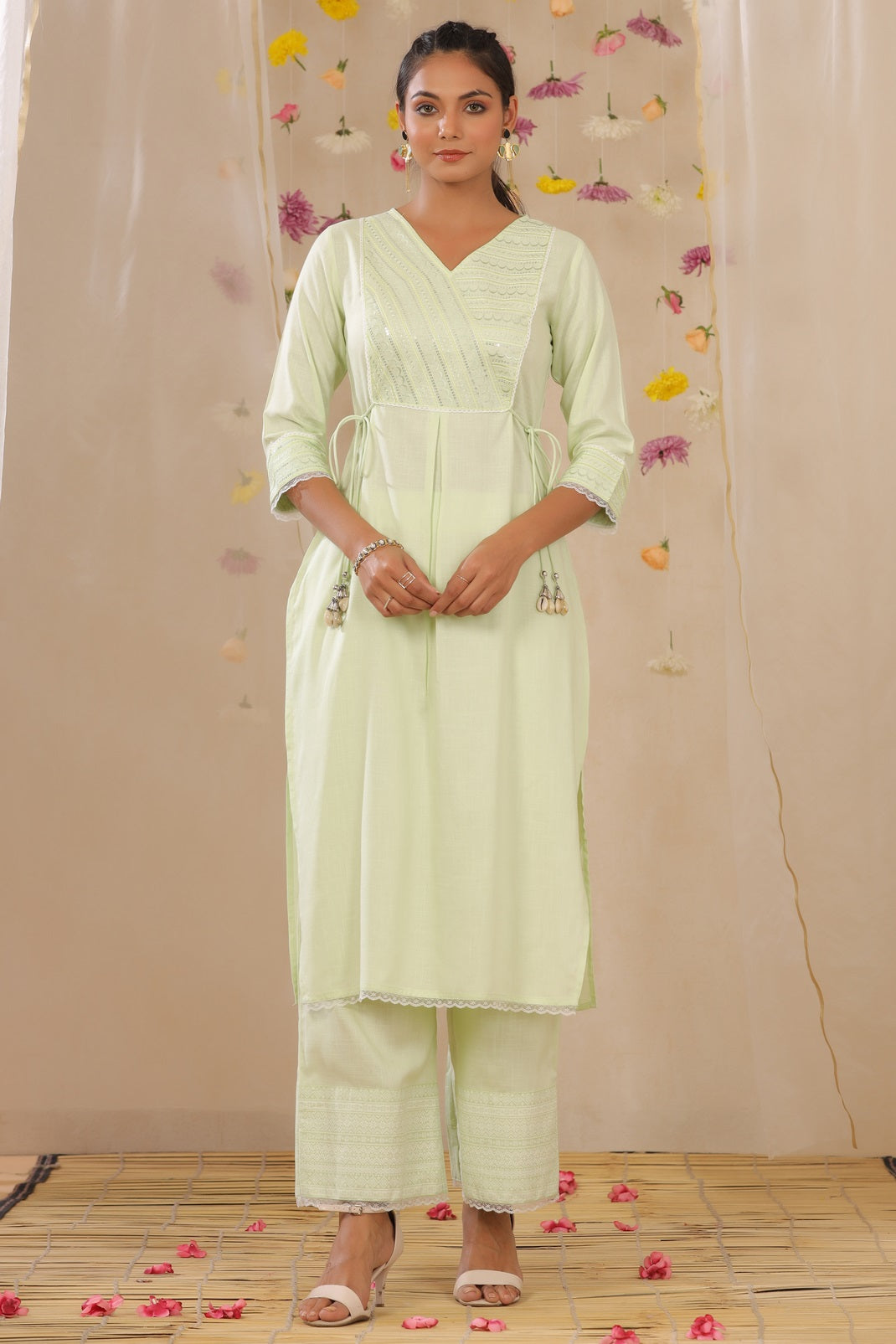 Limegreen Rayon Slub Embroidered A-Line Kurta Palazzo Set