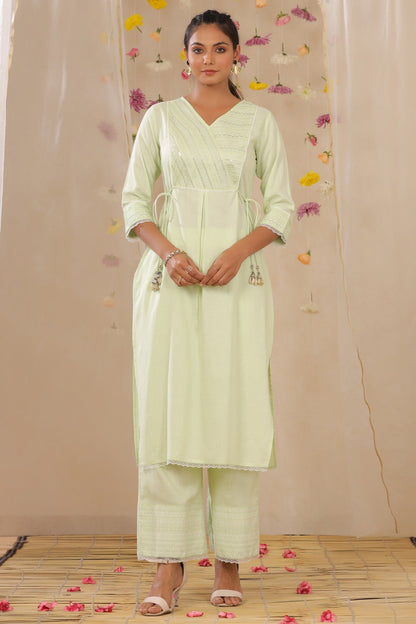 Limegreen Rayon Slub Embroidered A-Line Kurta Palazzo Set