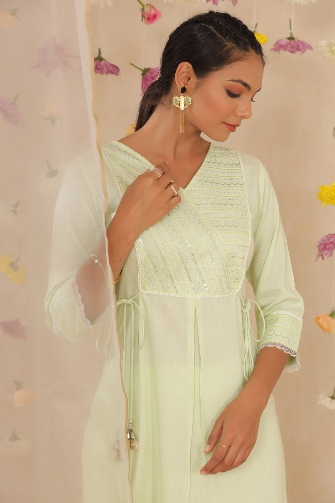 Limegreen Rayon Slub Embroidered A-Line Kurta Palazzo Set