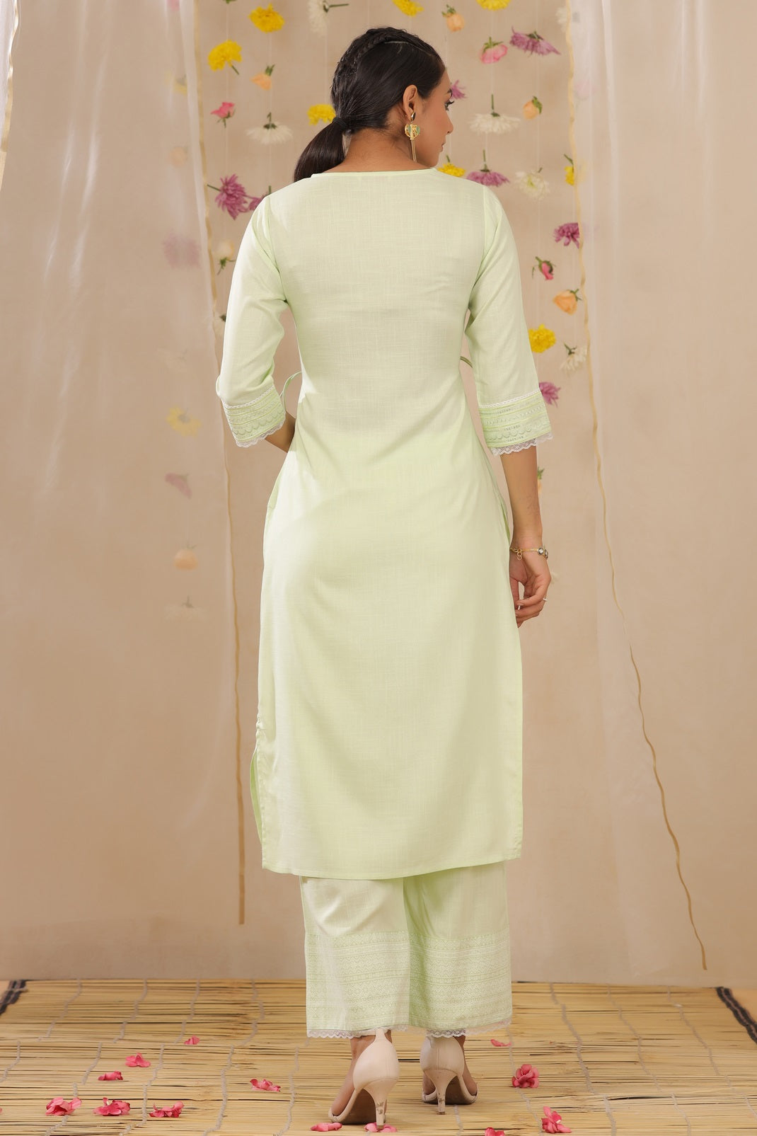 Limegreen Rayon Slub Embroidered A-Line Kurta Palazzo Set