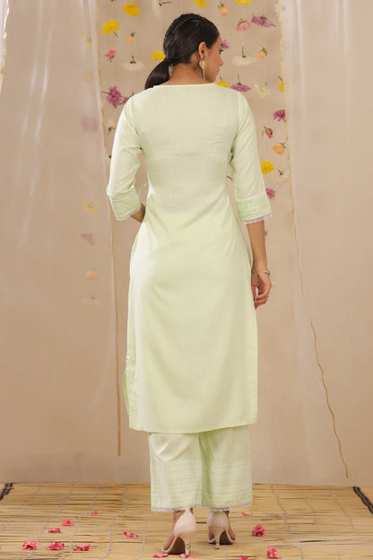 Limegreen Rayon Slub Embroidered A-Line Kurta Palazzo Set
