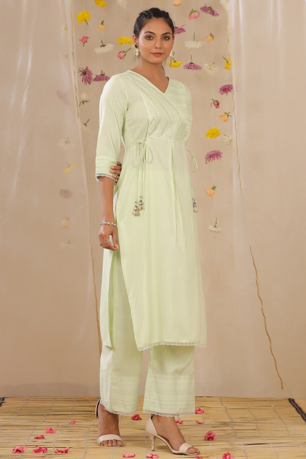 Limegreen Rayon Slub Embroidered A-Line Kurta Palazzo Set