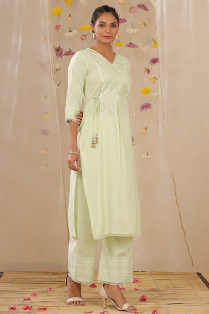 Limegreen Rayon Slub Embroidered A-Line Kurta Palazzo Set