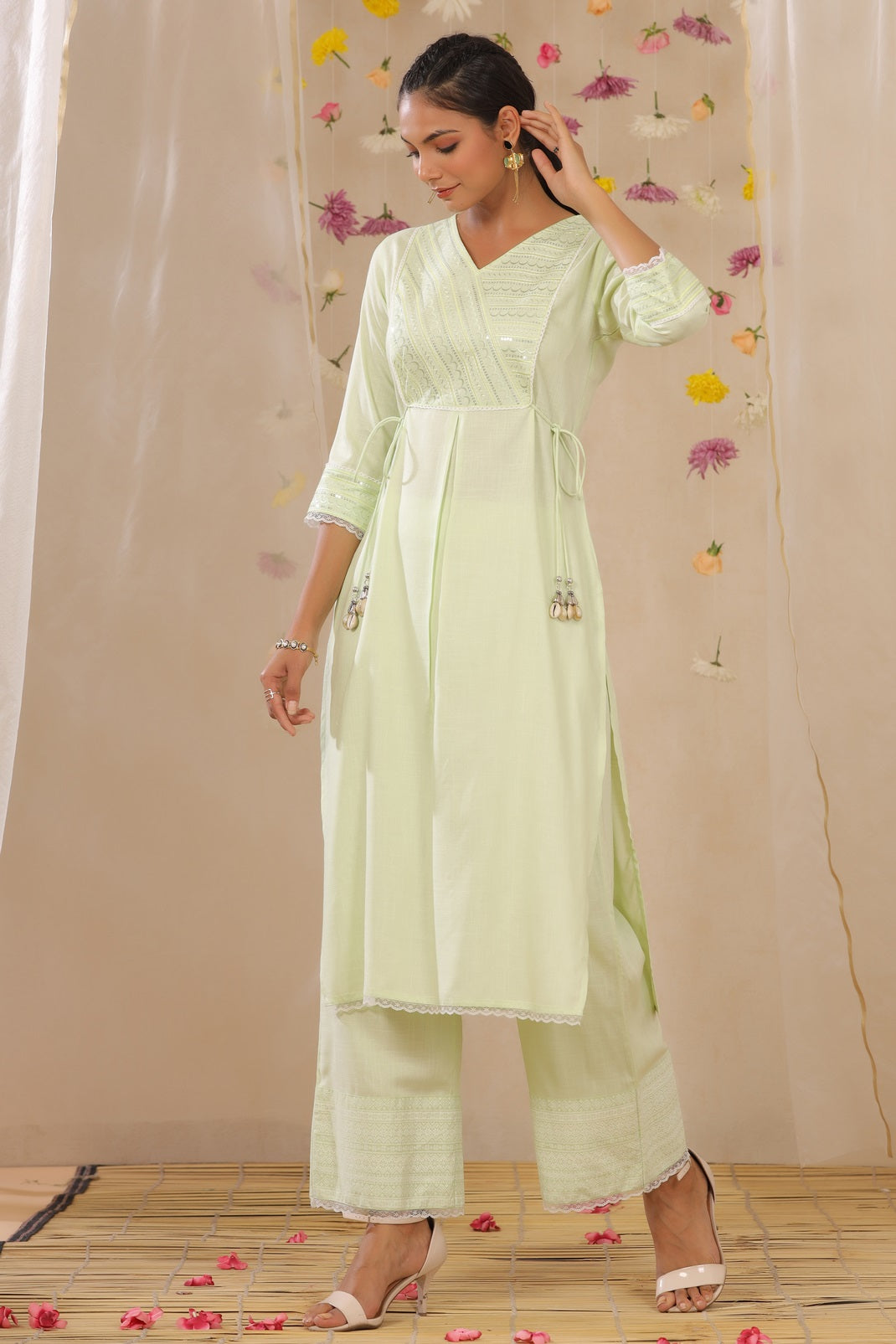 Limegreen Rayon Slub Embroidered A-Line Kurta Palazzo Set