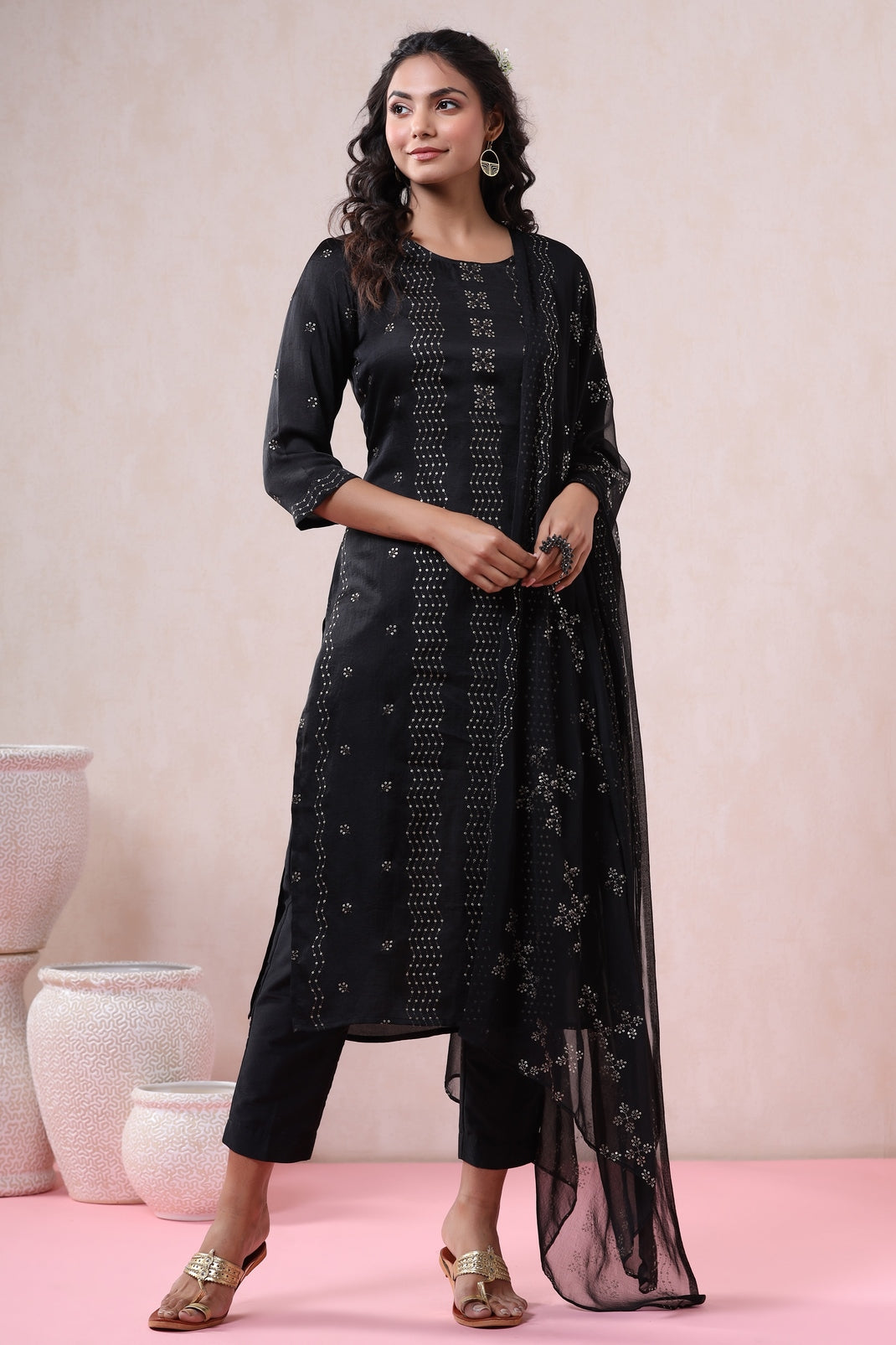 Black Silk Printed Straight Kurta Pant Dupatta Set