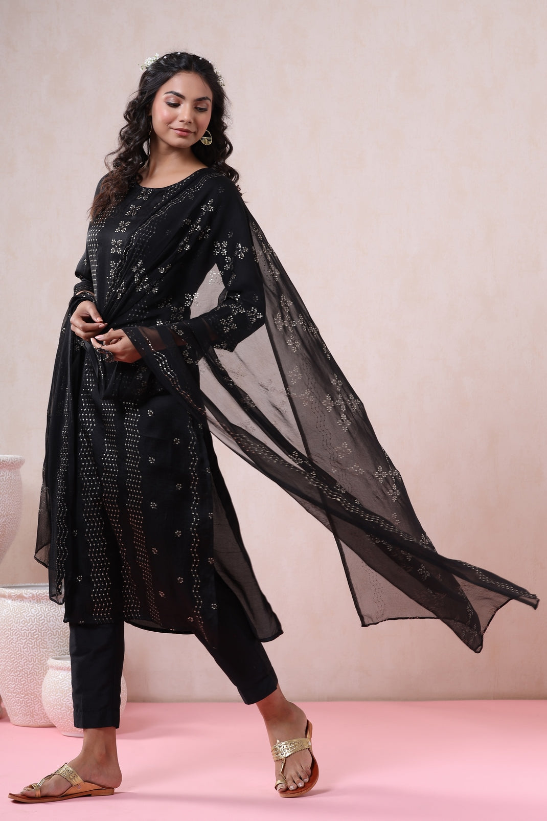 Black Silk Printed Straight Kurta Pant Dupatta Set