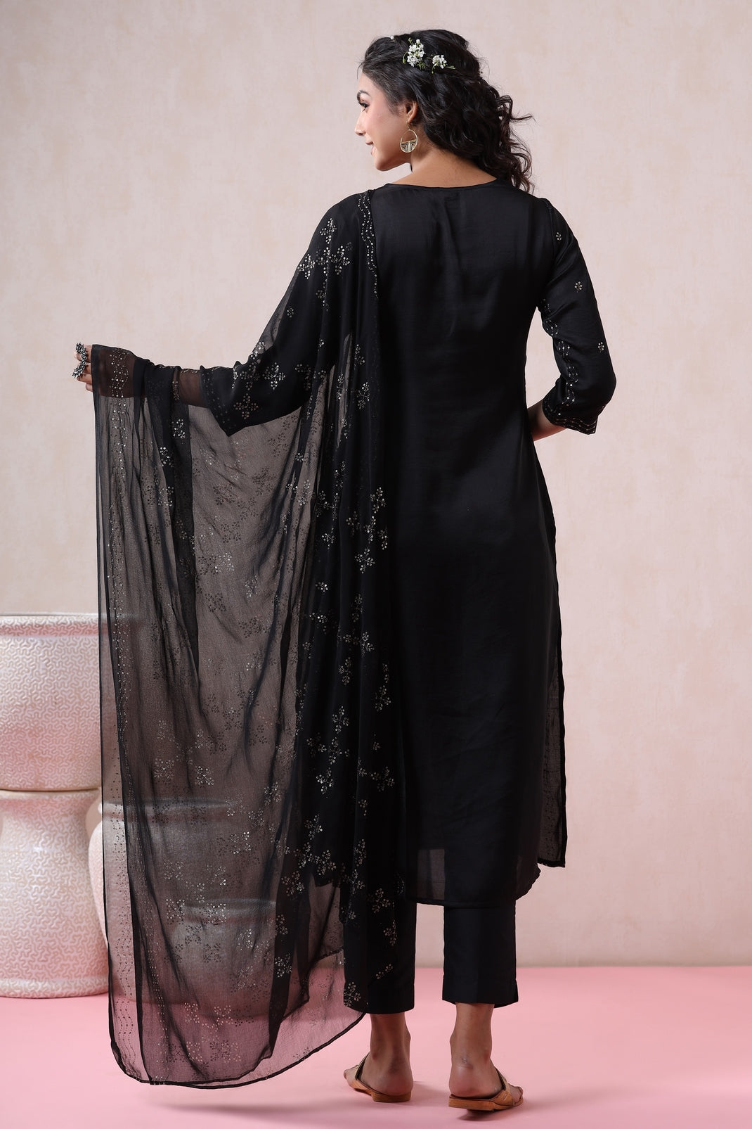 Black Silk Printed Straight Kurta Pant Dupatta Set