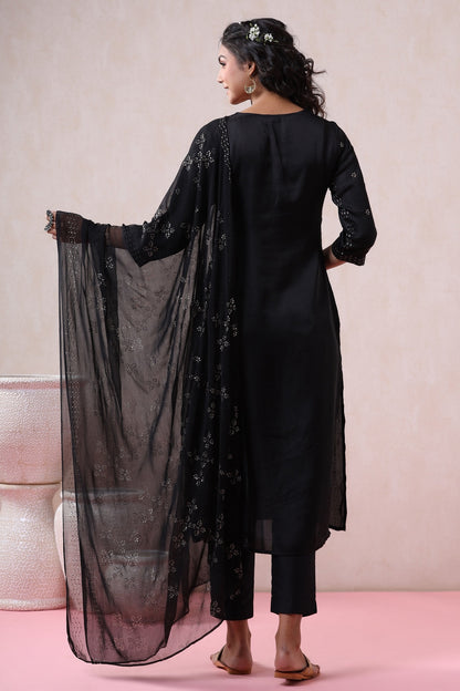 Black Silk Printed Straight Kurta Pant Dupatta Set