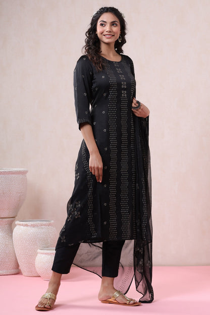 Black Silk Printed Straight Kurta Pant Dupatta Set