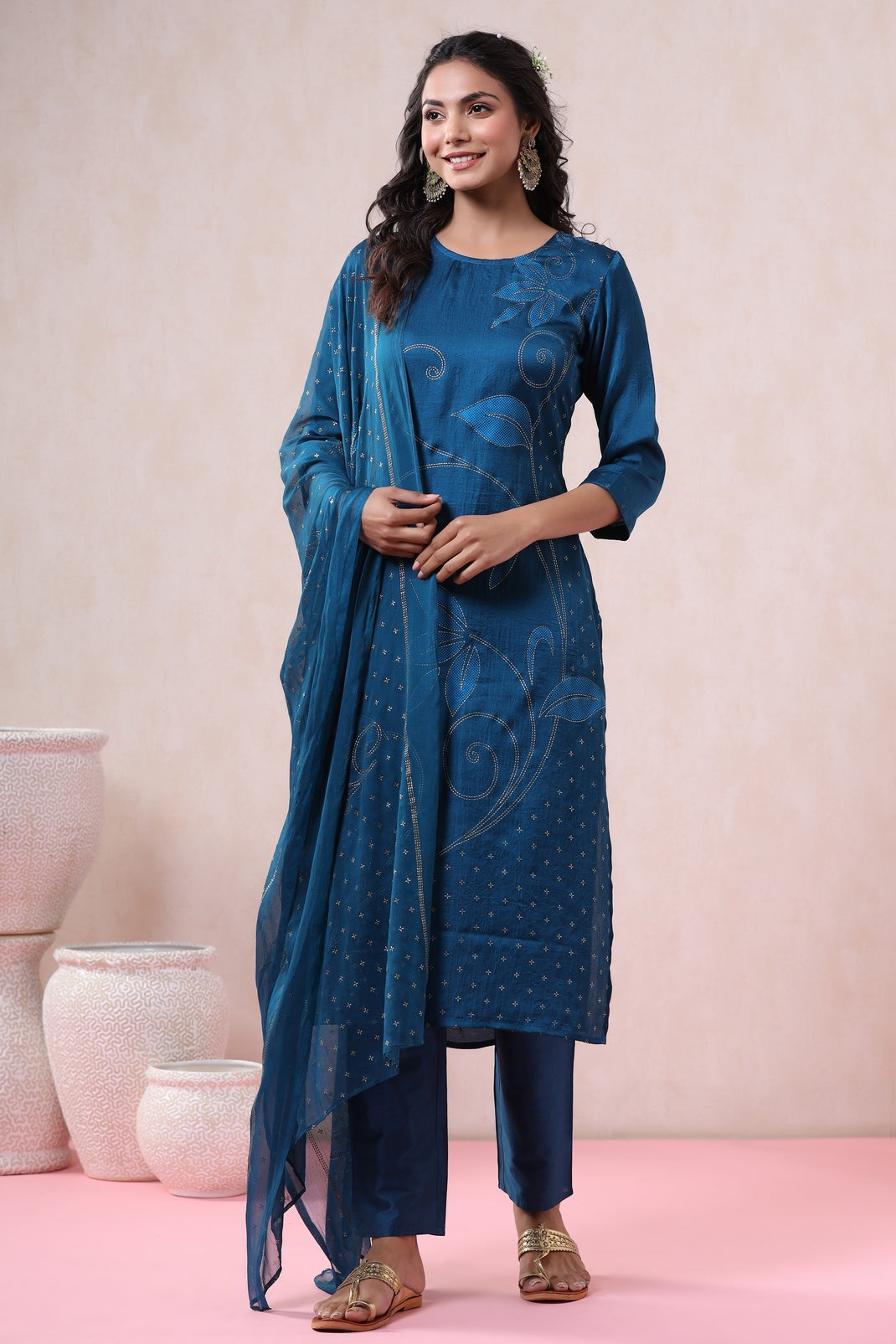 Blue Silk Printed Straight Kurta Pant Dupatta Set