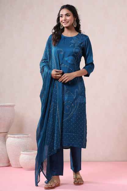 Blue Silk Printed Straight Kurta Pant Dupatta Set