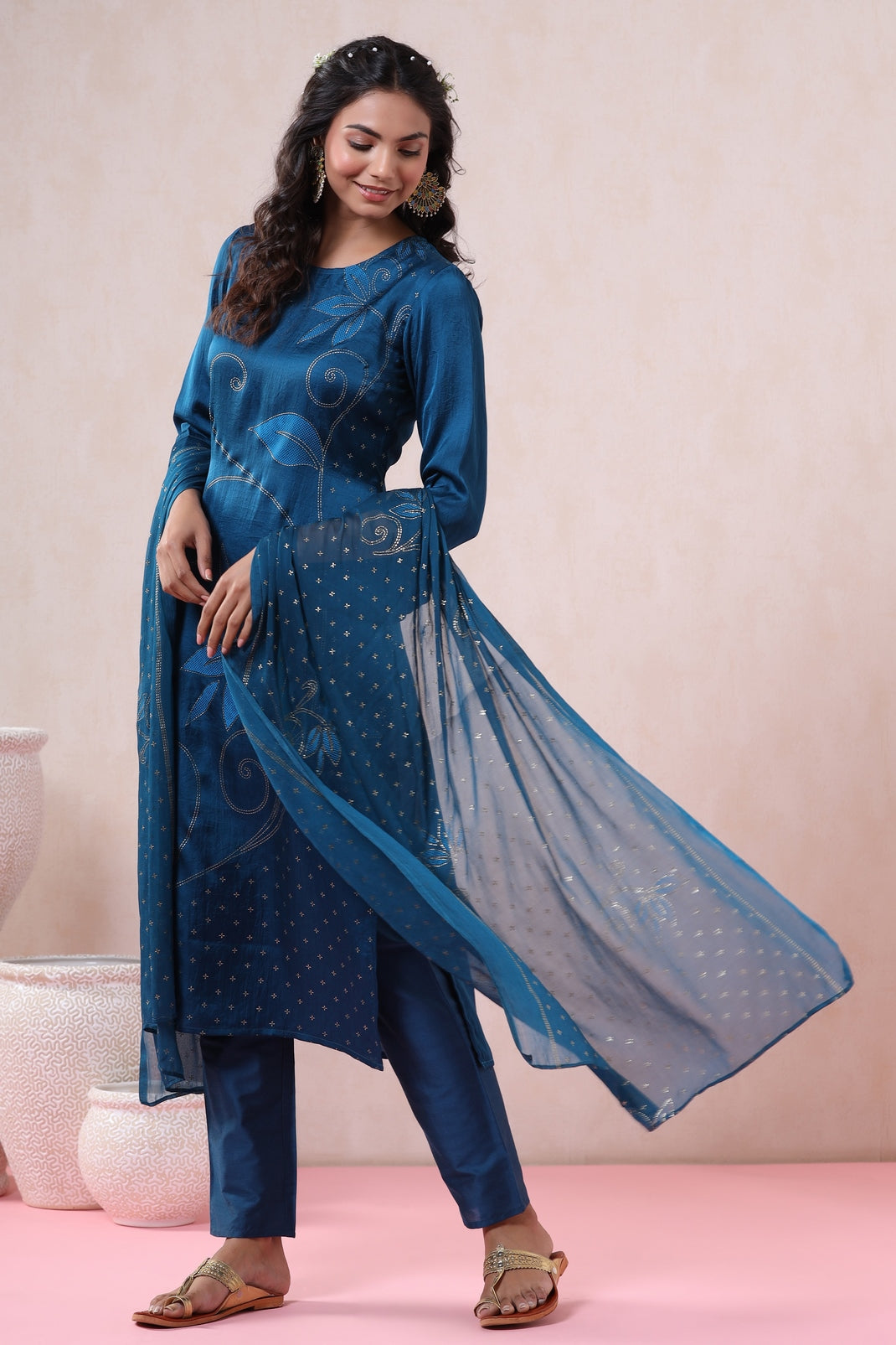 Blue Silk Printed Straight Kurta Pant Dupatta Set