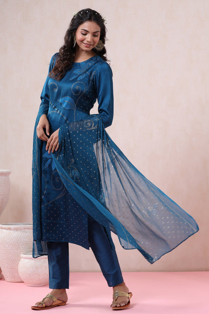 Blue Silk Printed Straight Kurta Pant Dupatta Set