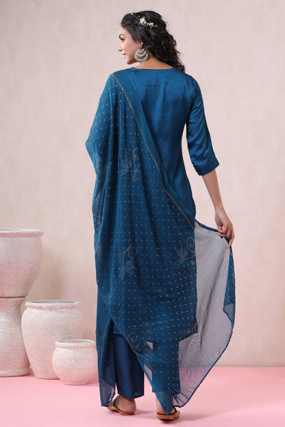 Blue Silk Printed Straight Kurta Pant Dupatta Set