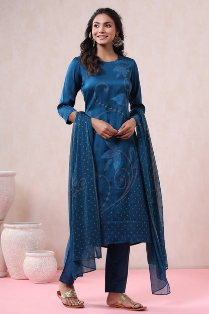 Blue Silk Printed Straight Kurta Pant Dupatta Set