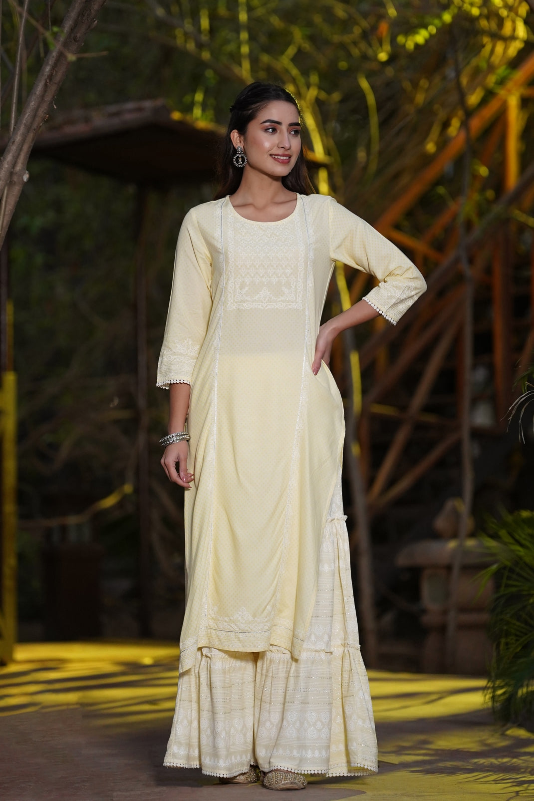 Light Yellow Rayon Printed Straight Kurta Sharara Set
