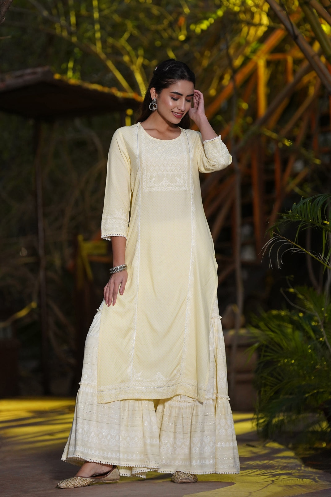 Light Yellow Rayon Printed Straight Kurta Sharara Set