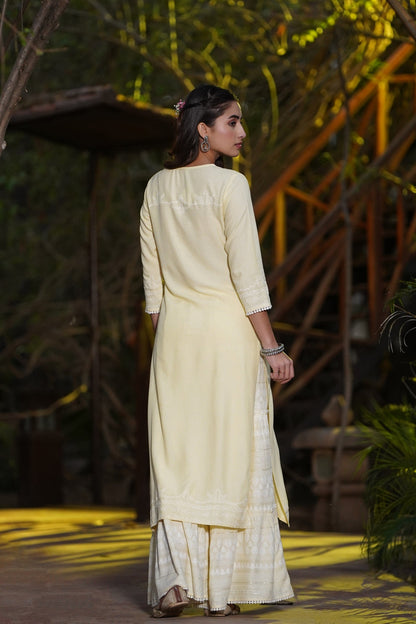 Light Yellow Rayon Printed Straight Kurta Sharara Set
