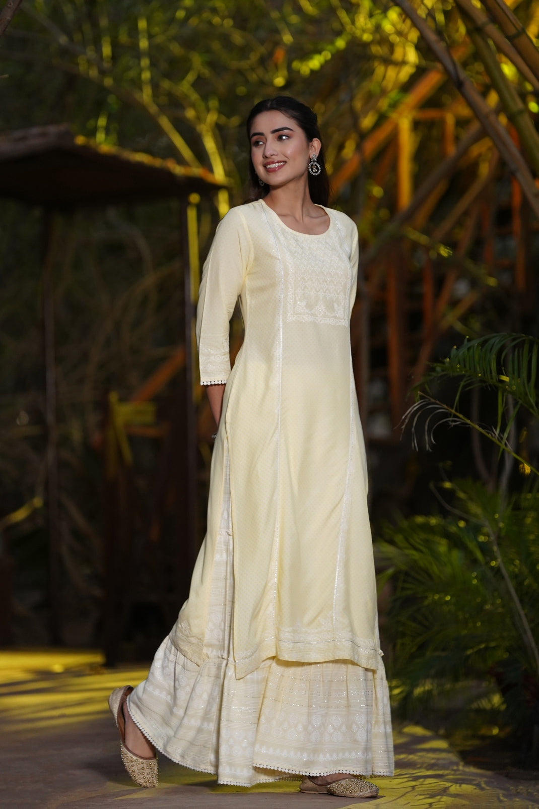 Light Yellow Rayon Printed Straight Kurta Sharara Set