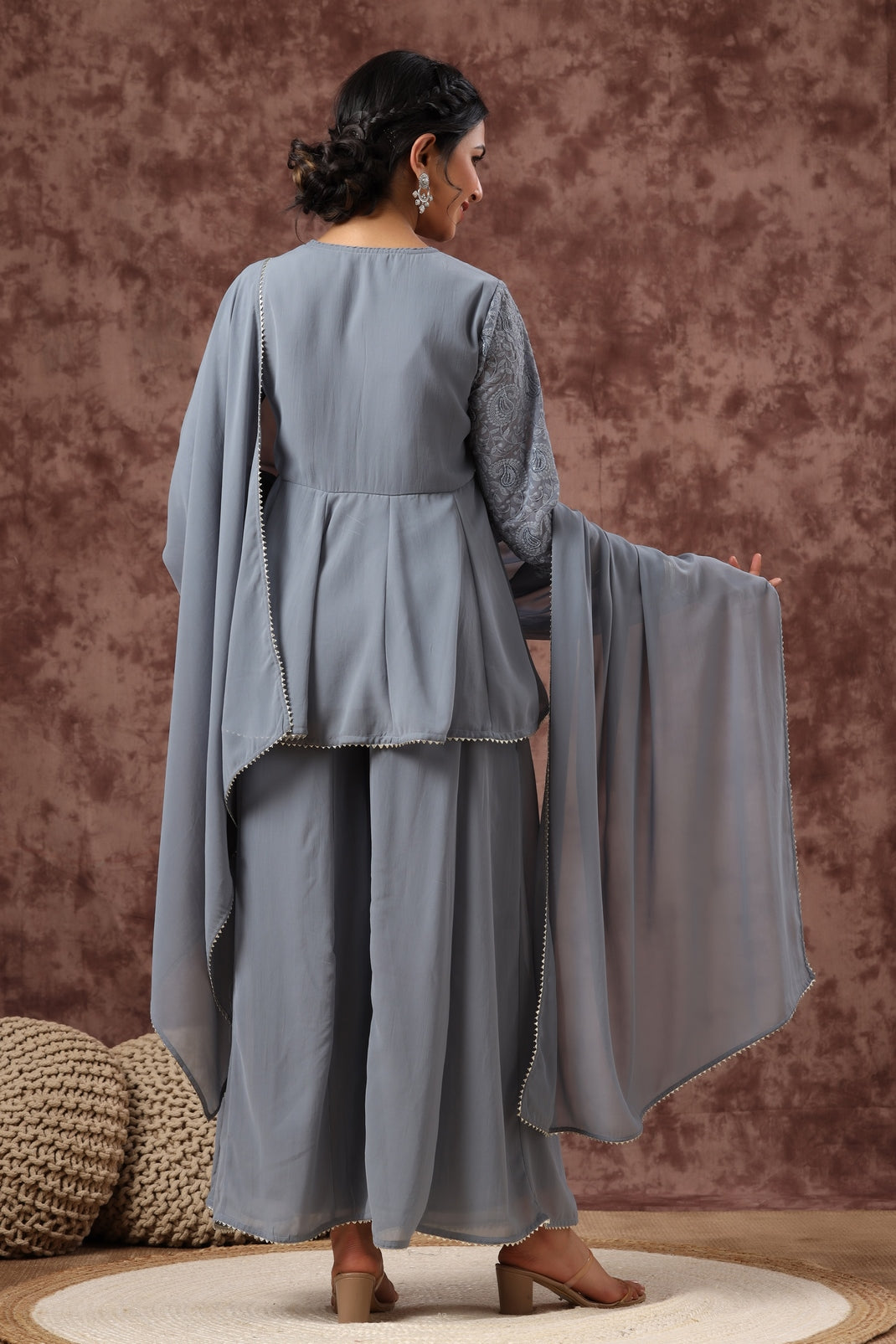 Women`s Grey Georgette Embroidered A-Line Kurta Sets