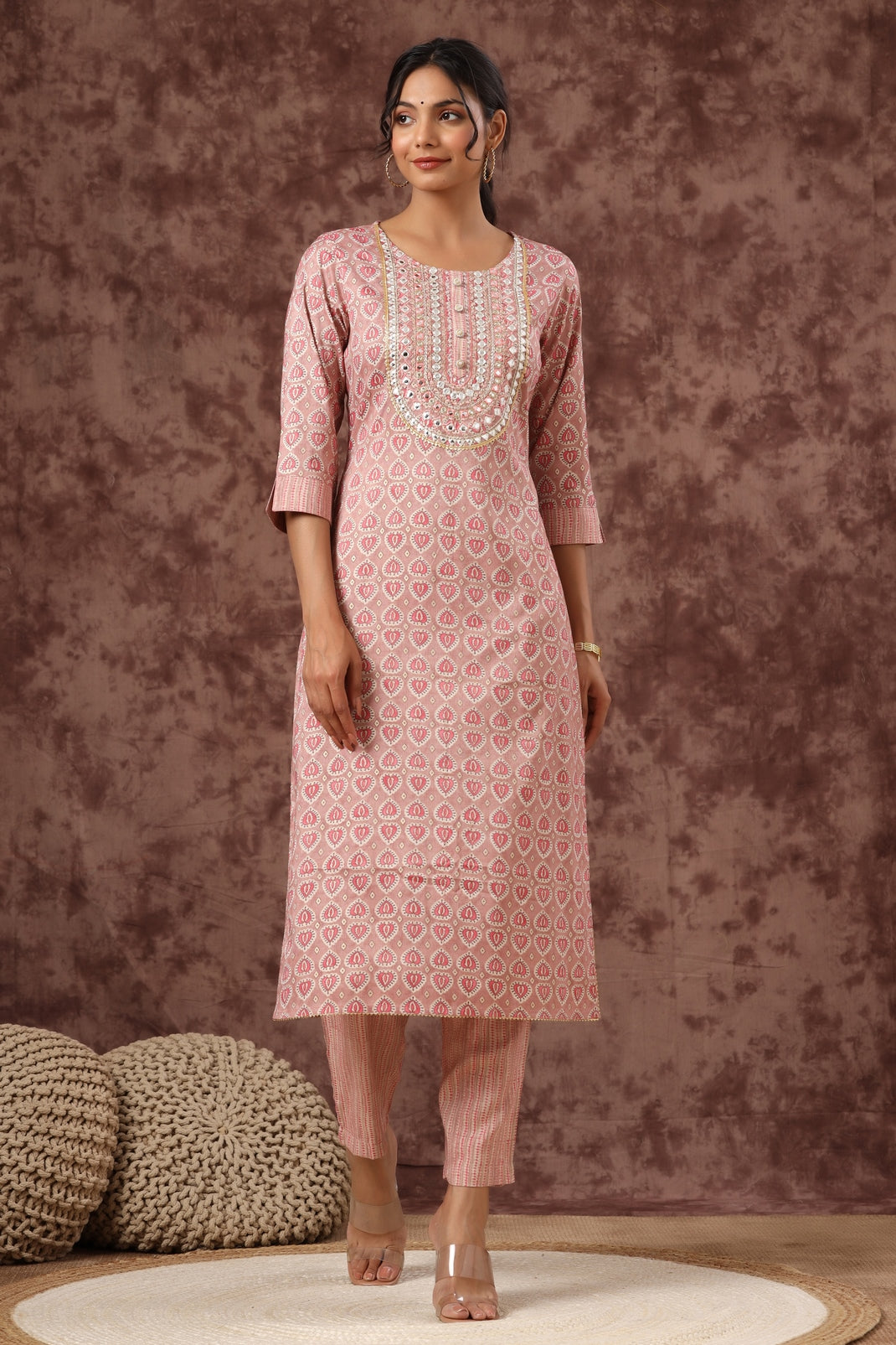 Women`s Red Rayon Embroidered Straight Kurta Sets