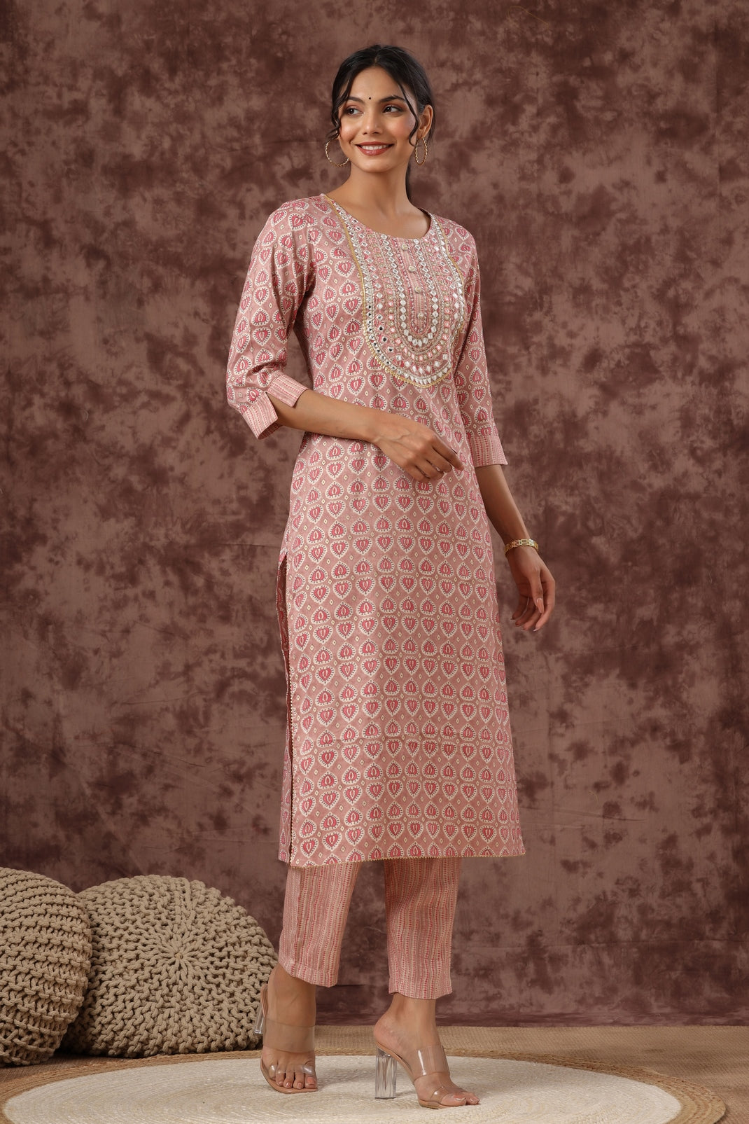 Women`s Red Rayon Embroidered Straight Kurta Sets